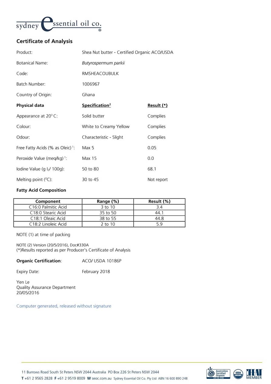 xà phòng thiên nhiên - CoA (Certificate of Analysed) sample